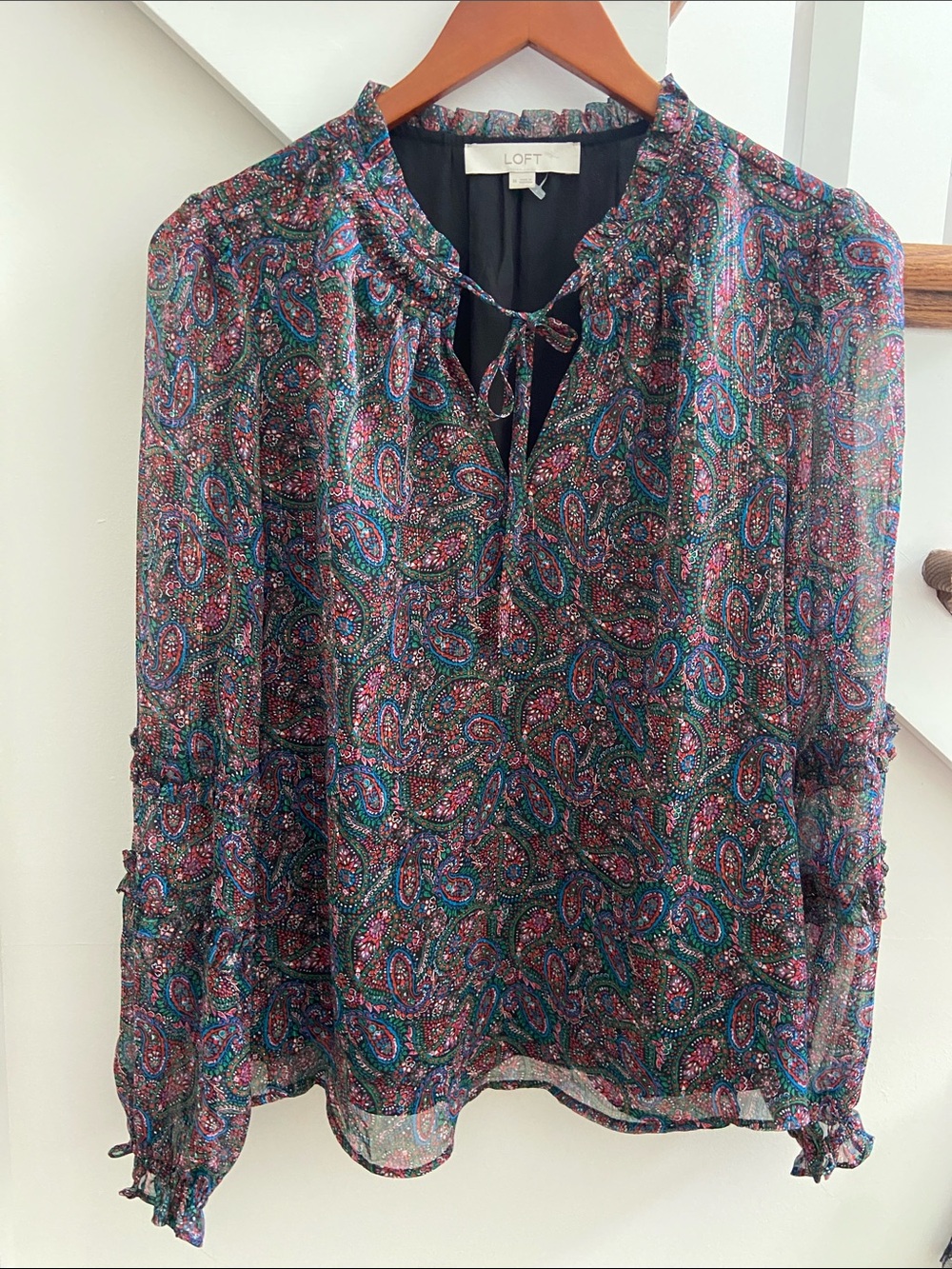 LOFT Sheer Paisley Tie-Neck Blouse in Teal, Navy & Burgundy